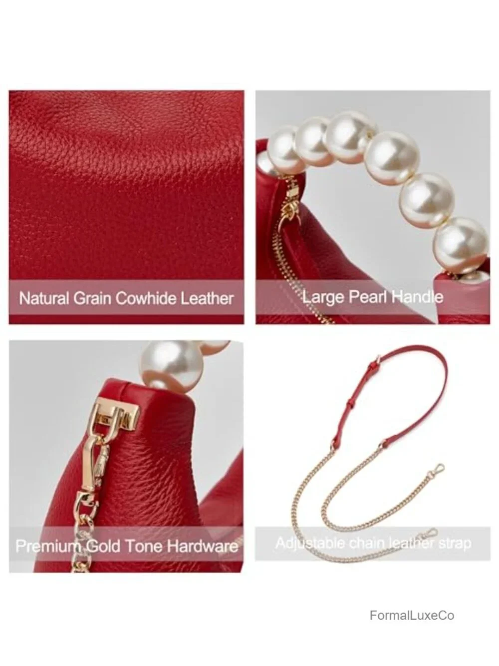 Genuine Leather Clutch Purse with Pearl Handle, Detachable Strap, Formal